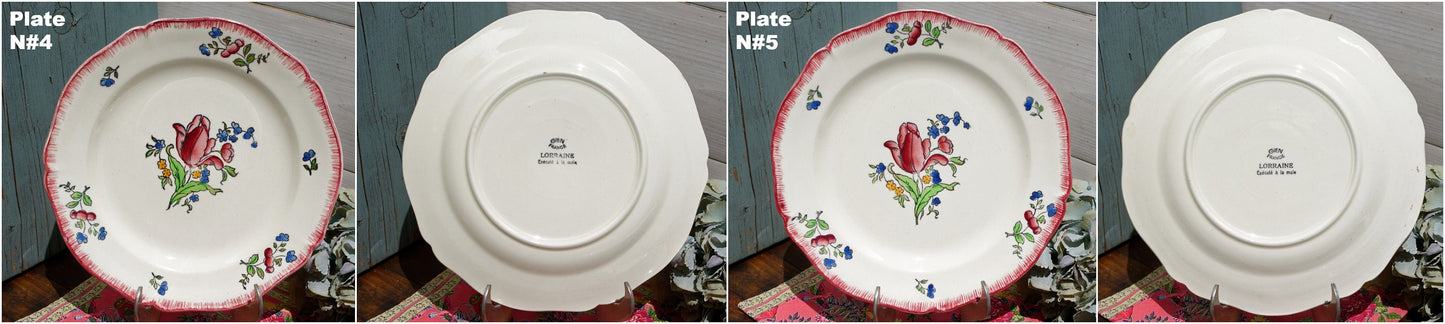 French Ironstone Hand-Painted Dinner Plate GIEN France Lorraine decor a la main red roses pattern Terre de Fer