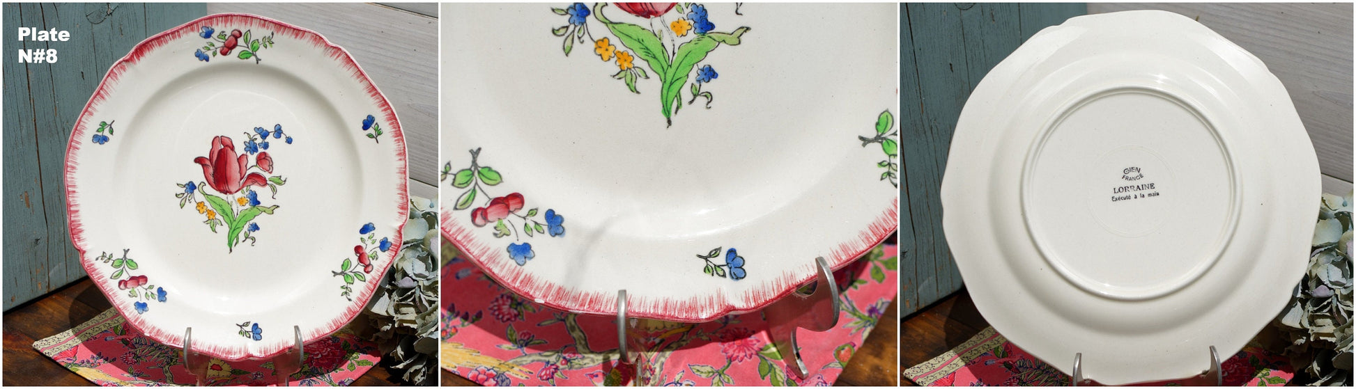 French Ironstone Hand-Painted Dinner Plate GIEN France Lorraine decor a la main red roses pattern Terre de Fer