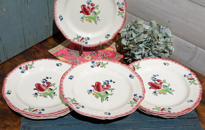 French Ironstone Hand-Painted Dinner Plate GIEN France Lorraine decor a la main red roses pattern Terre de Fer