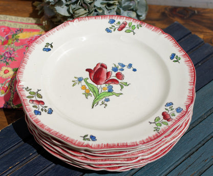 French Ironstone Hand-Painted Dinner Plate GIEN France Lorraine decor a la main red roses pattern Terre de Fer