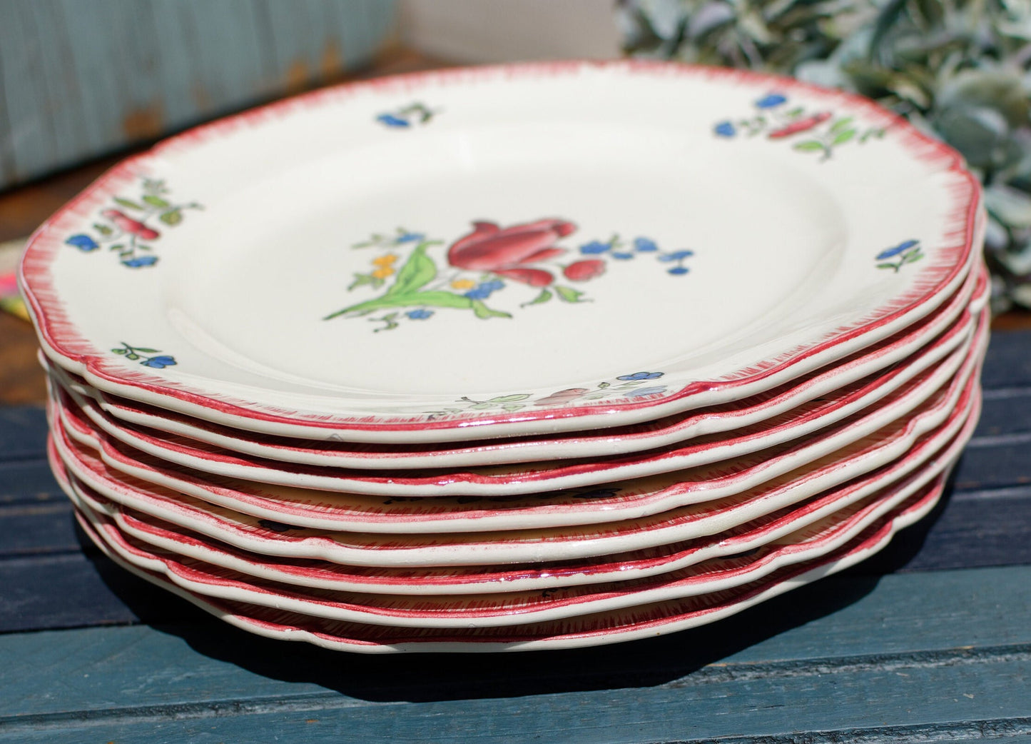 French Ironstone Hand-Painted Dinner Plate GIEN France Lorraine decor a la main red roses pattern Terre de Fer