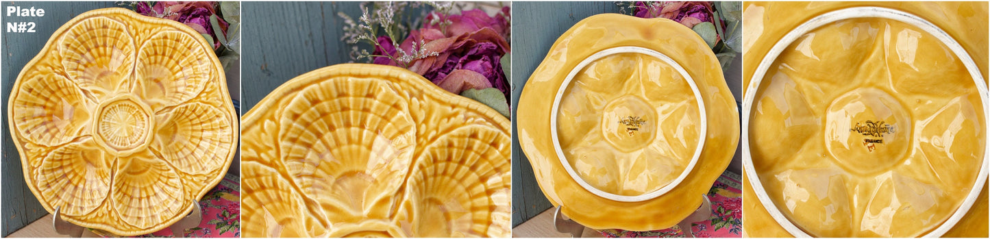 French Barbontine Majolica Style Mustard Yellow Oyster Huitre Plate Sarreguemines France