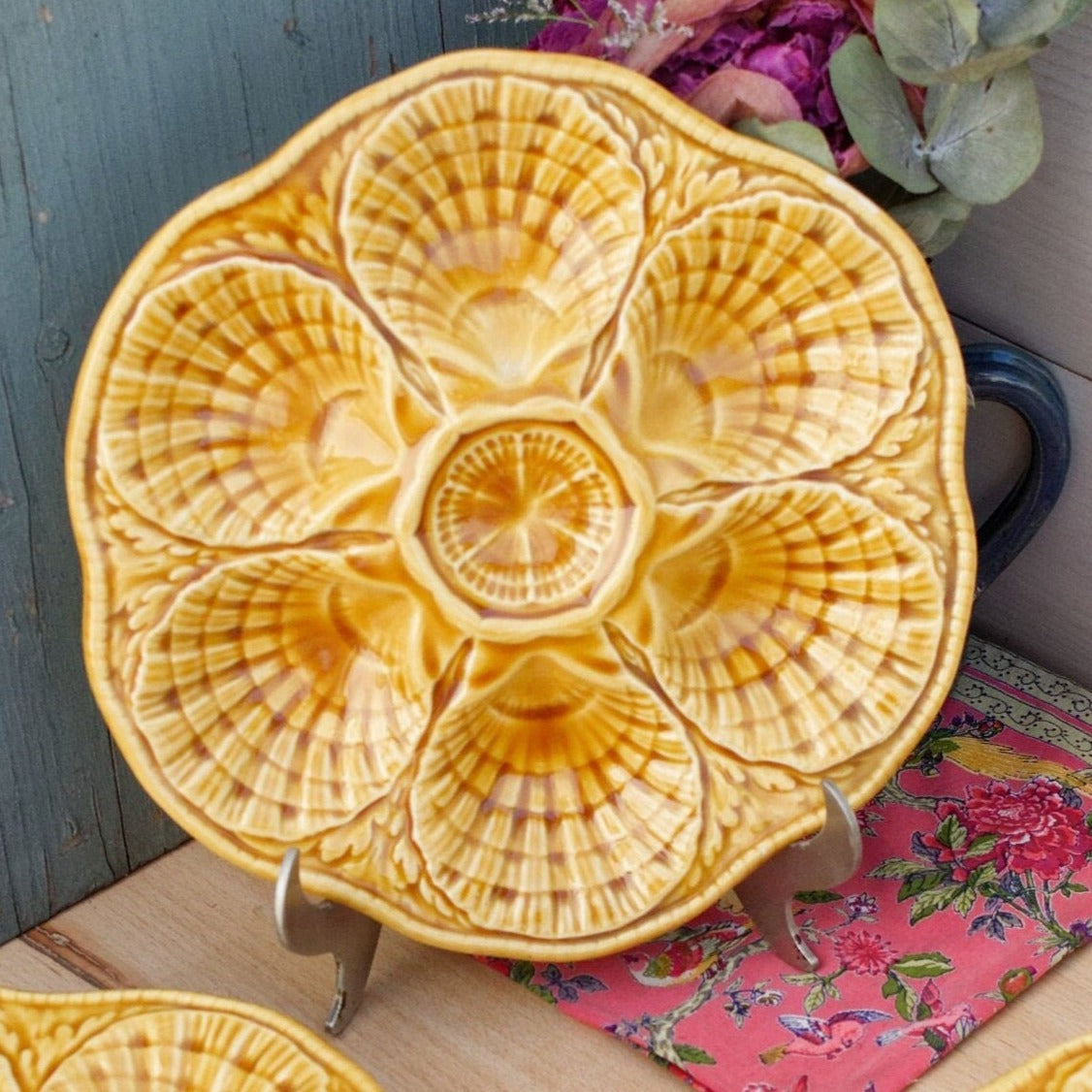 French Barbontine Majolica Style Mustard Yellow Oyster Huitre Plate Sarreguemines France