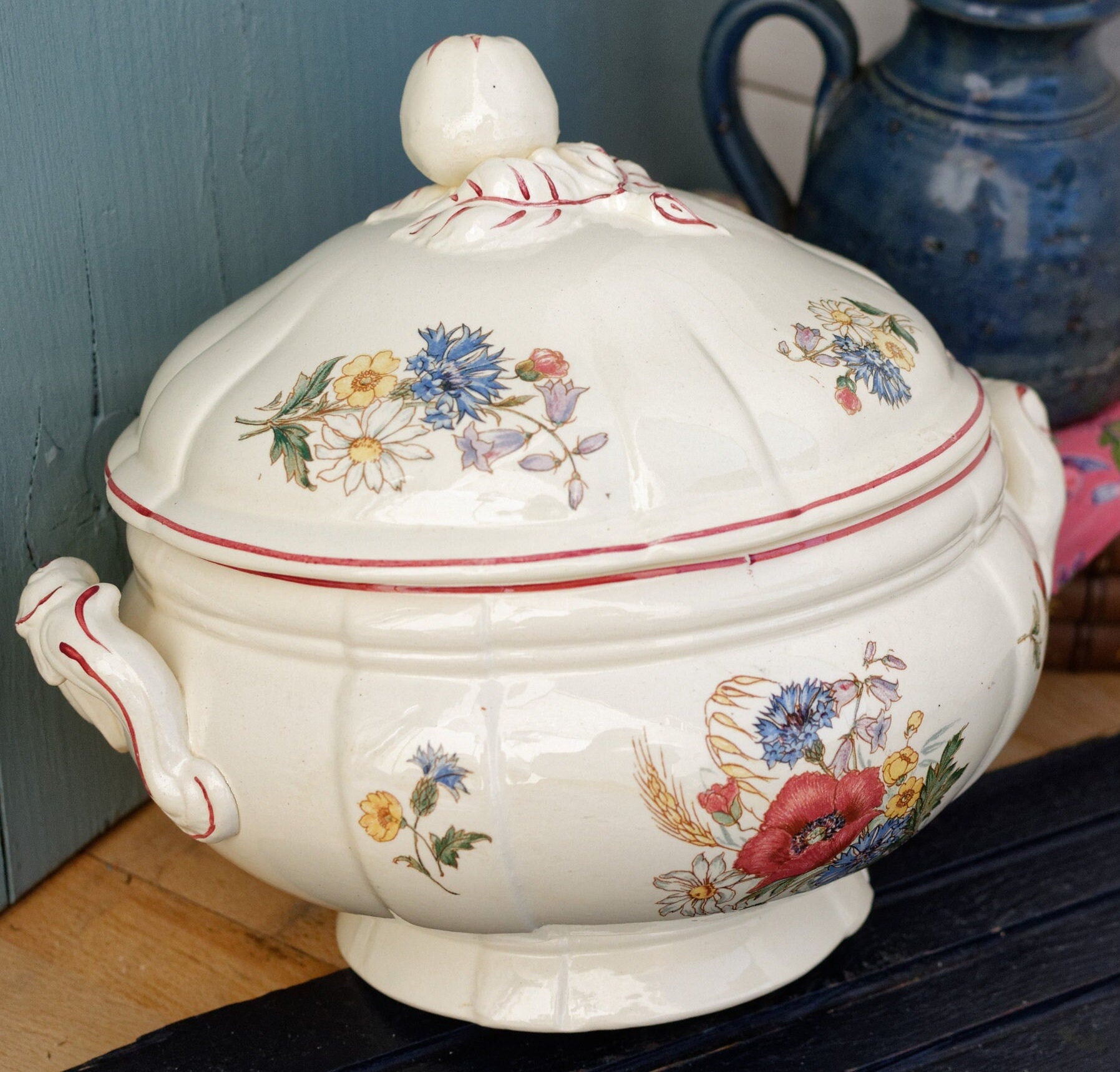 French Faience Ironstone Antique Soup Tureen Soupiere Agreste Sarreguemines Digoin FRANCE Terre de Fer