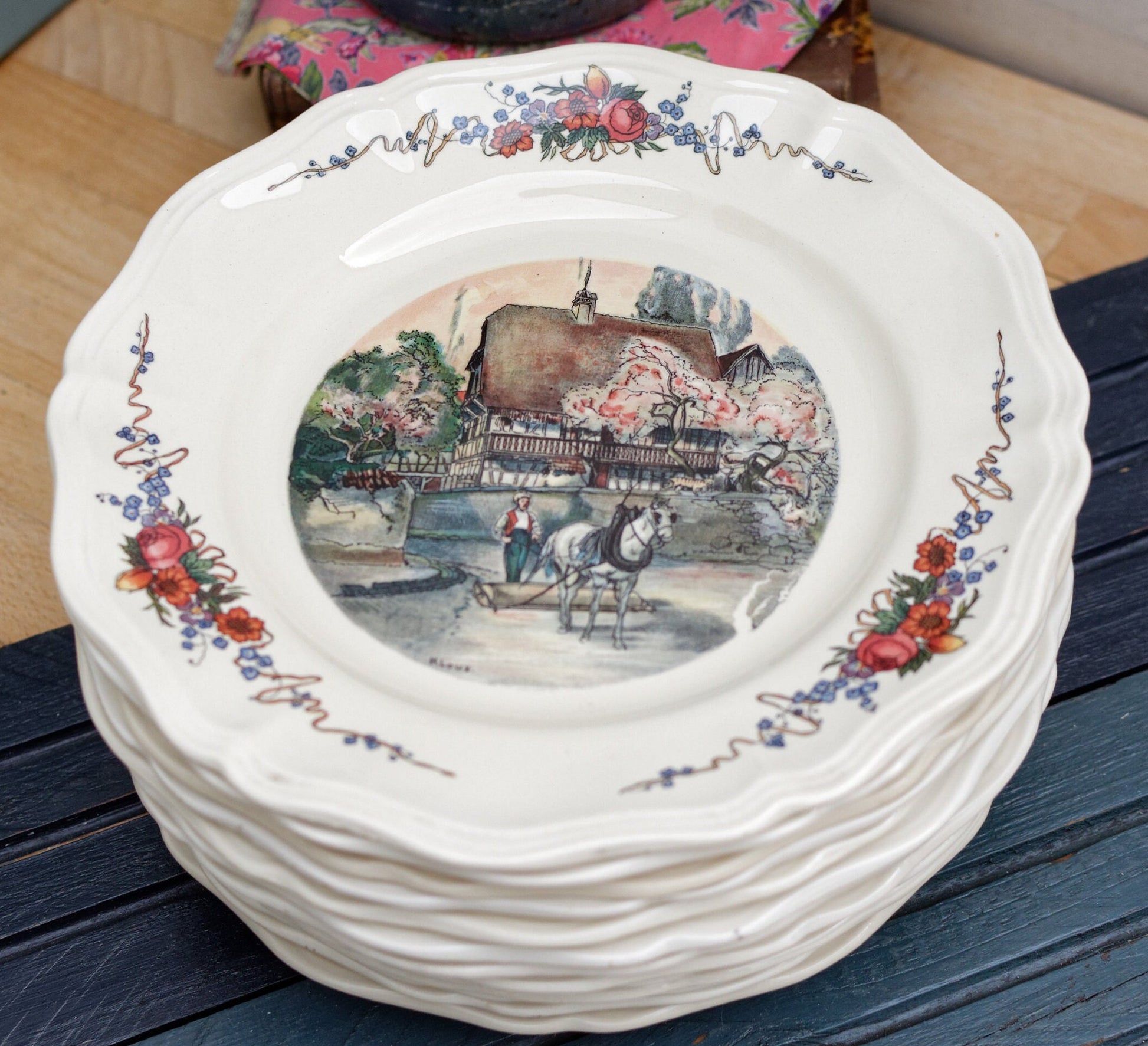 French Ironstone Henri Loux Alsace Scenes Plate Obernai Faienceries Sarreguemines France Terre de Fer