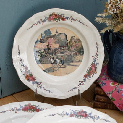 French Ironstone Henri Loux Alsace Scenes Plate Obernai Faienceries Sarreguemines France Terre de Fer