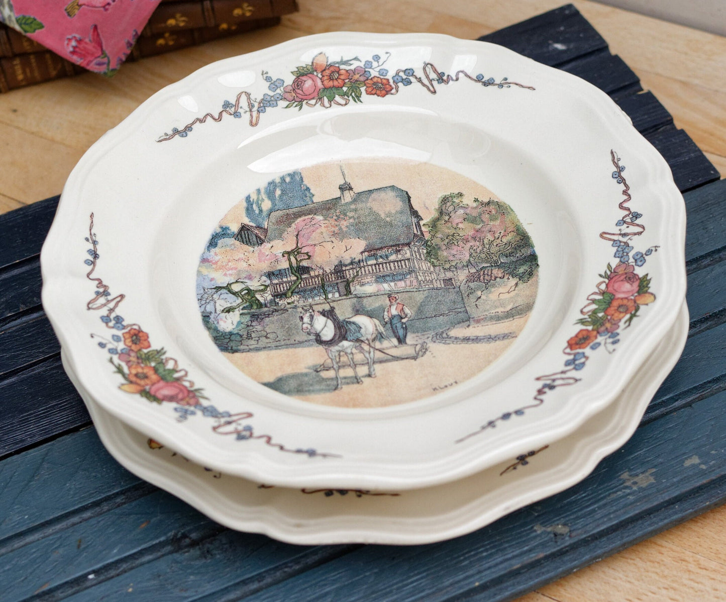 French Ironstone Henri Loux Alsace Scenes Plate Obernai Faienceries Sarreguemines France Terre de Fer