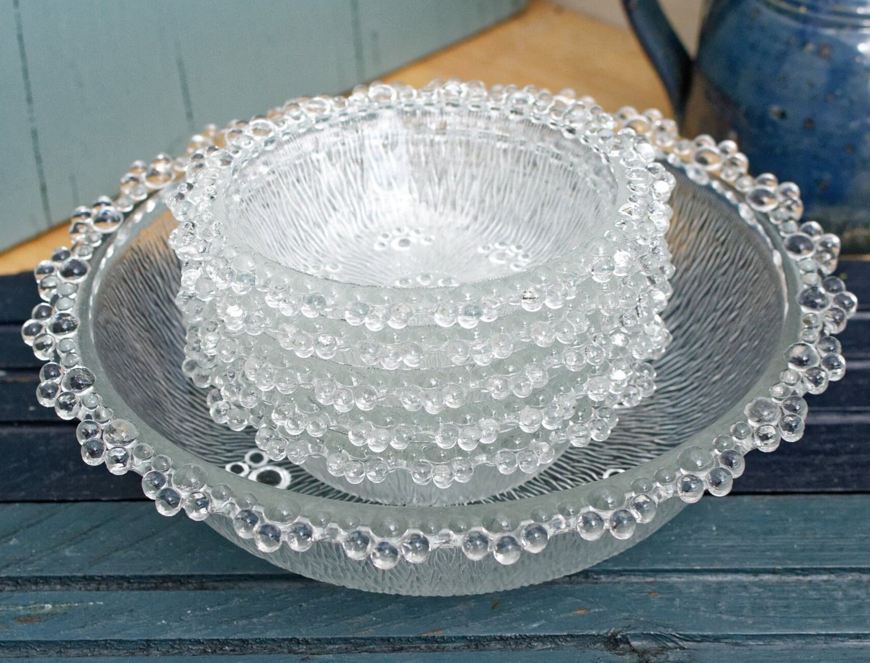 Italian Vintage Bubble Edge Textured Glass Serving Bowl Set MASSERINI BAROCCO Made in Italy