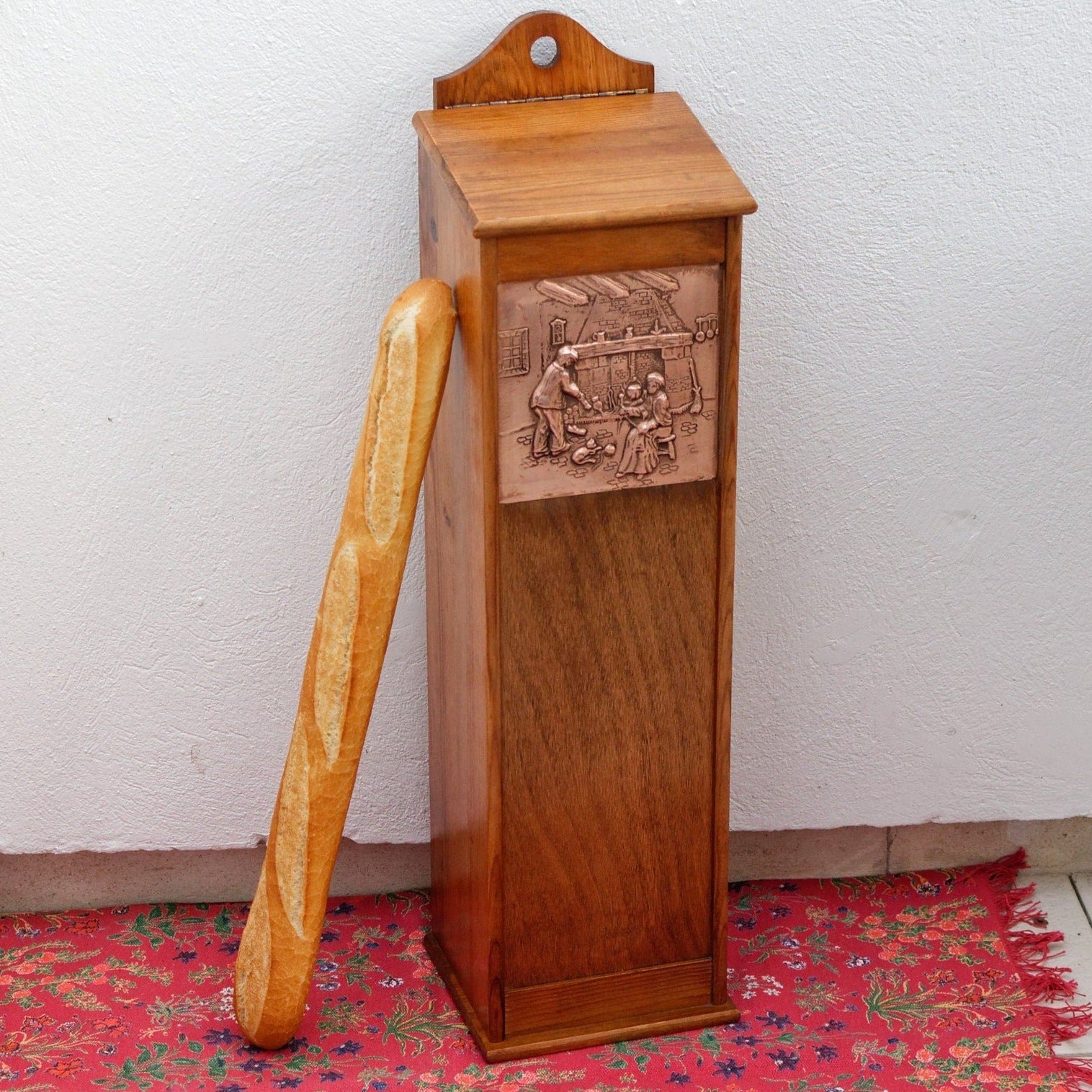 French Vintage Tall Wooden Bread Box Baguette Storage Hutch Huche à Pain