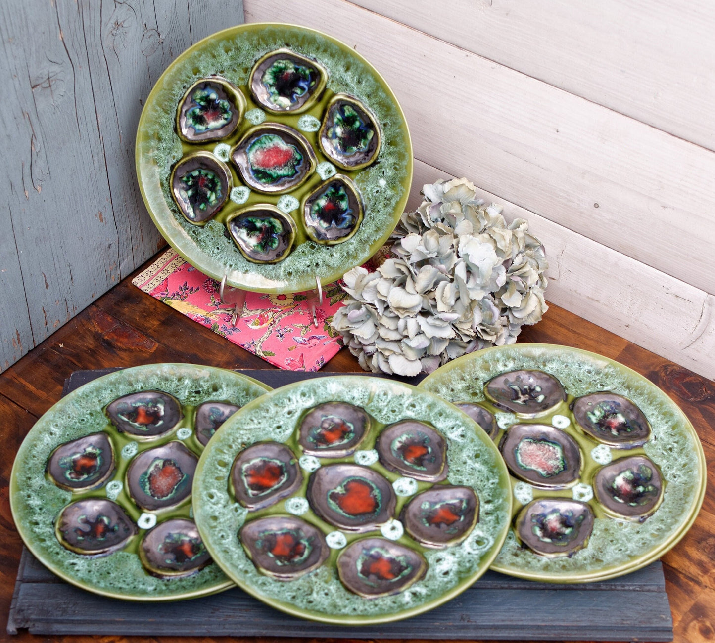 French BARBOTINE MAJOLICA Style Oyster Huitre Plate Green Vallauris Style